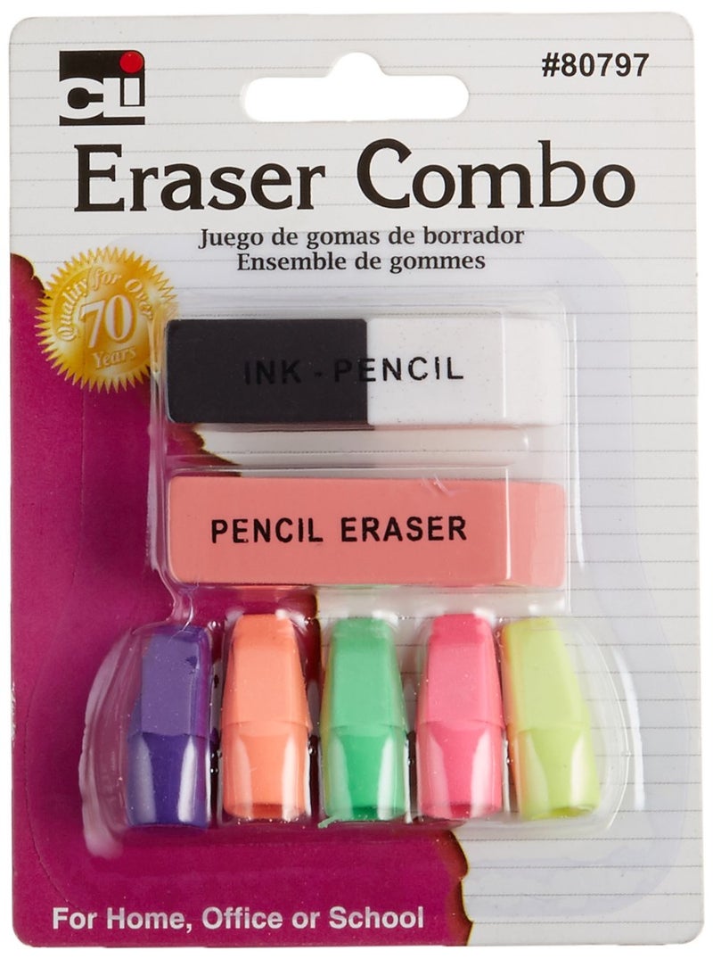 Charles Leonard Pencil Eraser Combo Pack, Includes 1 Pen/Ink Eraser, 1 Pink Pencil Eraser and 5 Pencil Cap Erasers, 7-Pack (80797) - Image 1